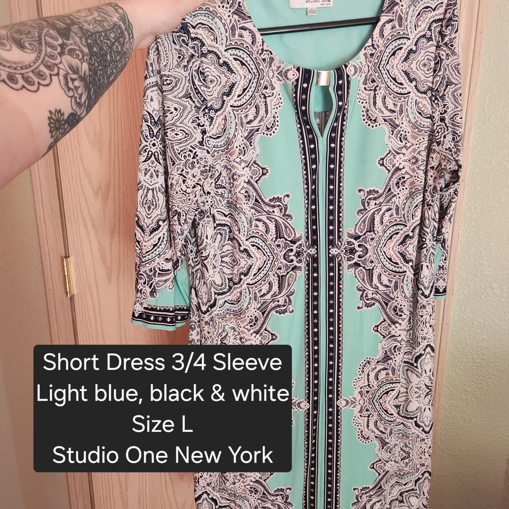 Studio One Light Blue and Black 3/4 Sleeve Mini Dress